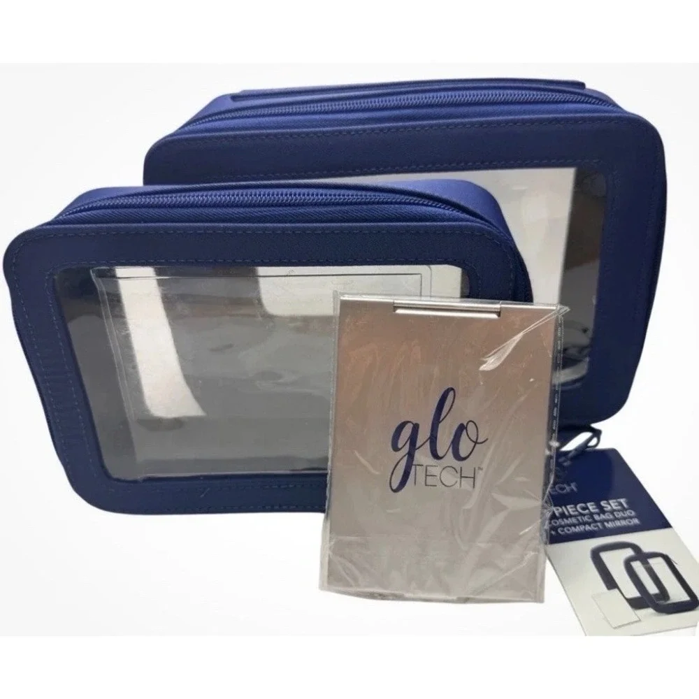 Glo Tech 3 Piece Set Cosmetic Bag Duo Compact Mirror Travel Organizer Navy Blue